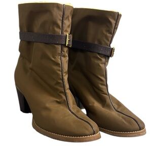 Golo Brown Heeled Boots Chunky Heel Strap Detail Sherpa Lined Rainboot Material